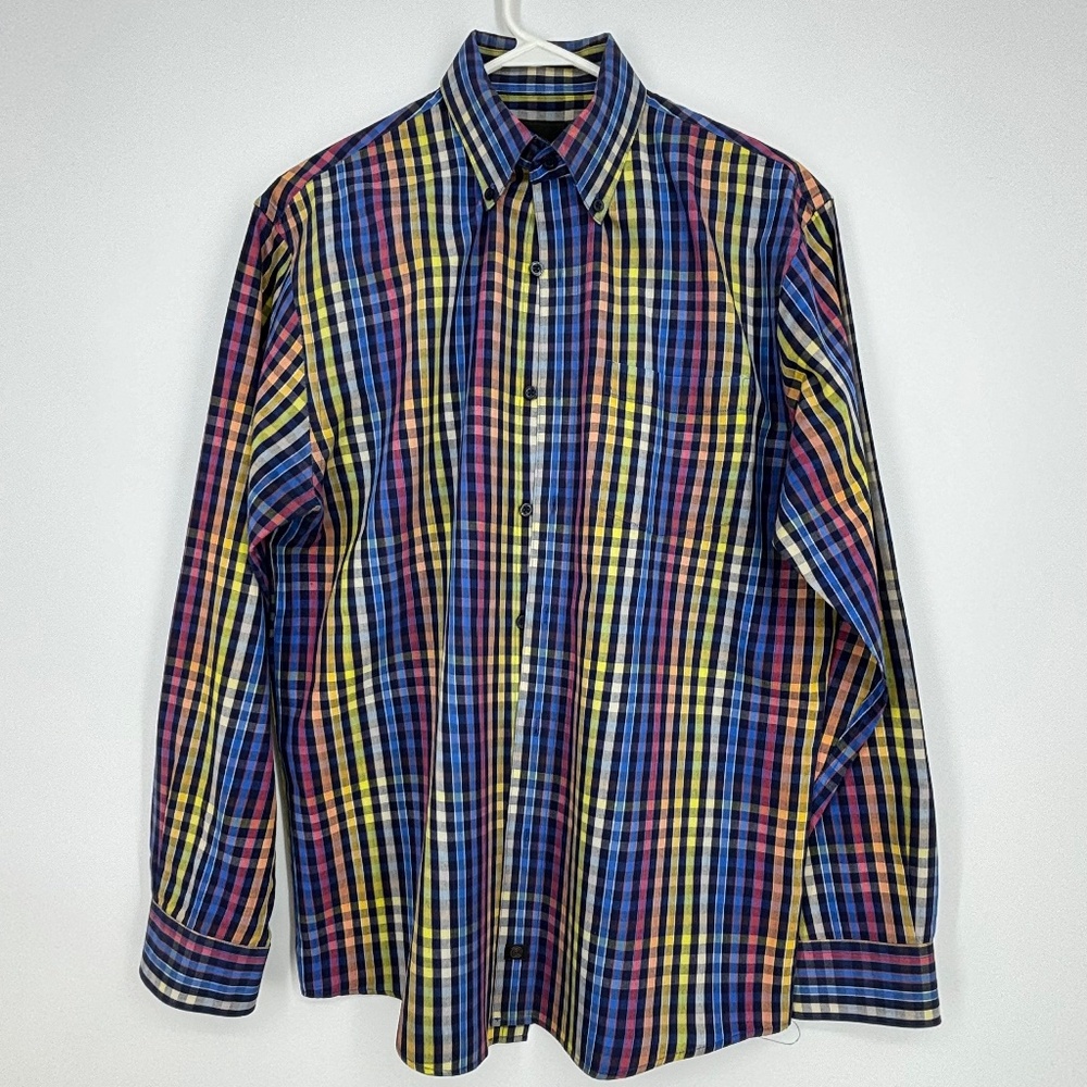 F/X Fusion Mens Medium Button Down Shirt Multi Color Check Plaid Long Sleeves